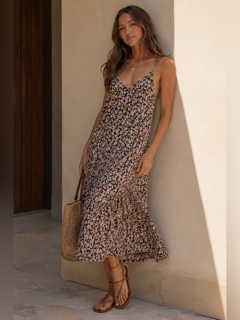 Nation LTD Black Floral Midi Slip Dress
